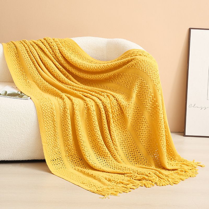 Yellow Elegant Openwork Knitted Throw Blanket with Tassels - 127x180cm Large Decorative Soft Sofa Blanket for Living Room & Bedroom - Breathable Cozy Cover for Travel & Office Nap