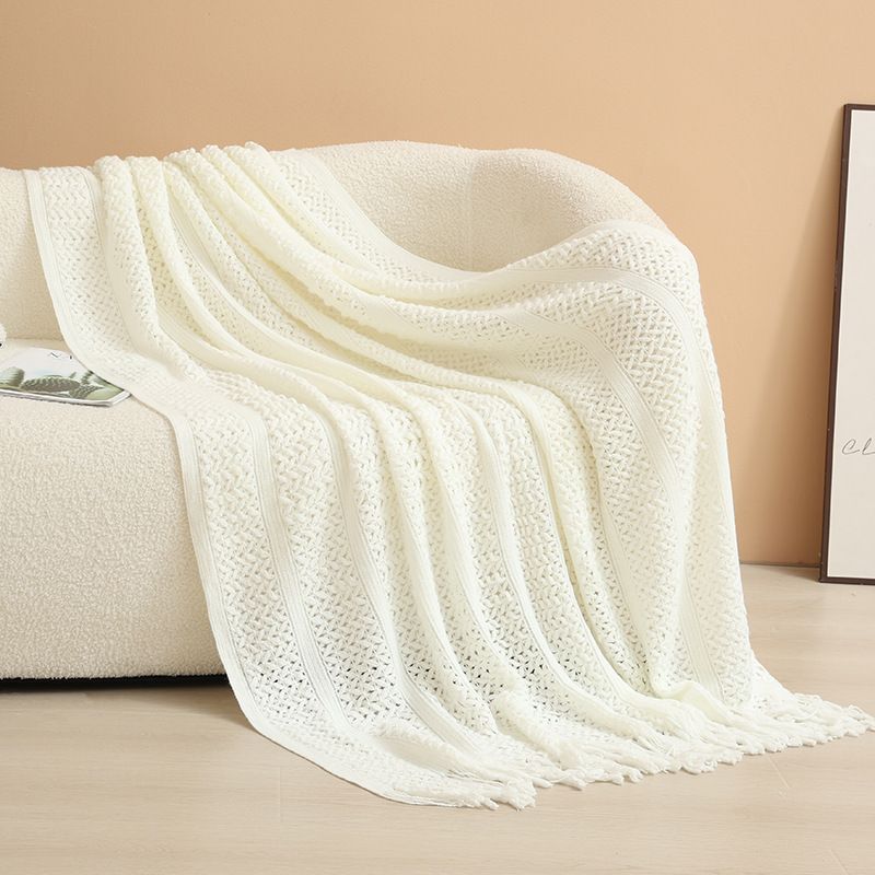 White Elegant Openwork Knitted Throw Blanket with Tassels - 130x230cm Large Decorative Soft Sofa Blanket for Living Room & Bedroom - Breathable Cozy Cover for Travel & Office Nap