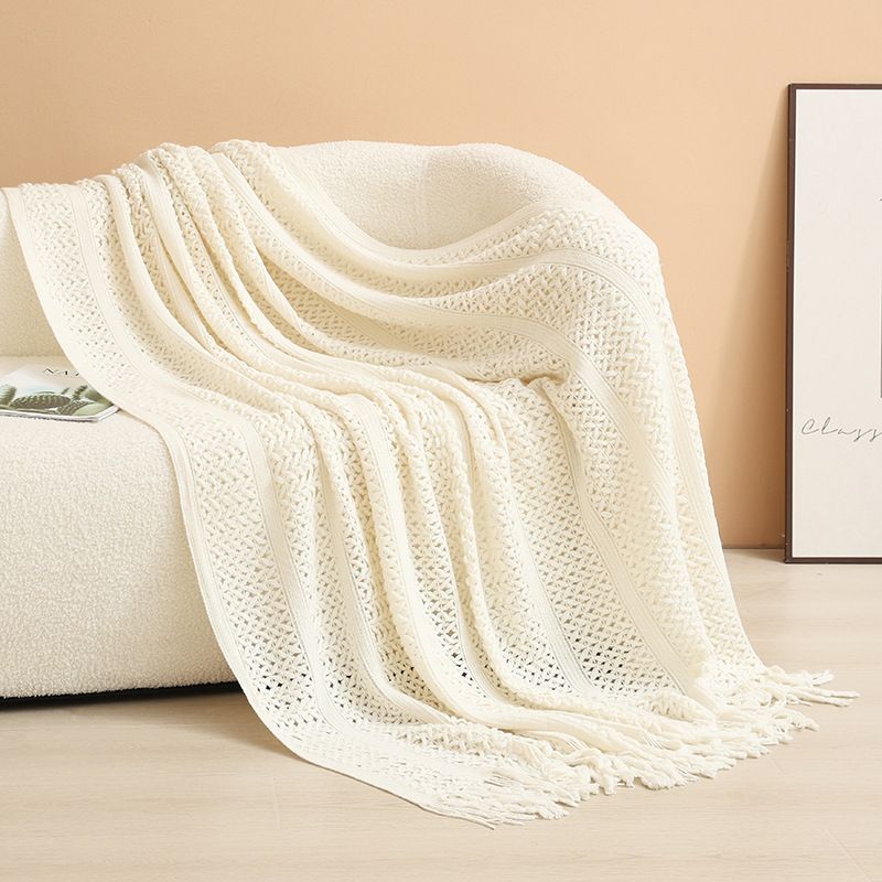Beige Elegant Openwork Knitted Throw Blanket with Tassels - 130x230cm Large Decorative Soft Sofa Blanket for Living Room & Bedroom - Breathable Cozy Cover for Travel & Office Nap