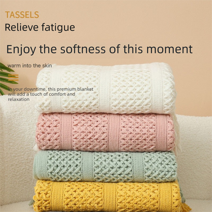 Beige Elegant Openwork Knitted Throw Blanket with Tassels - 130x230cm Large Decorative Soft Sofa Blanket for Living Room & Bedroom - Breathable Cozy Cover for Travel & Office Nap