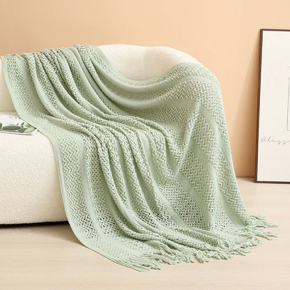 Mint green Elegant Openwork Knitted Throw Blanket with Tassels - 130x230cm Large Decorative Soft Sofa Blanket for Living Room & Bedroom - Breathable Cozy Cover for Travel & Office Nap