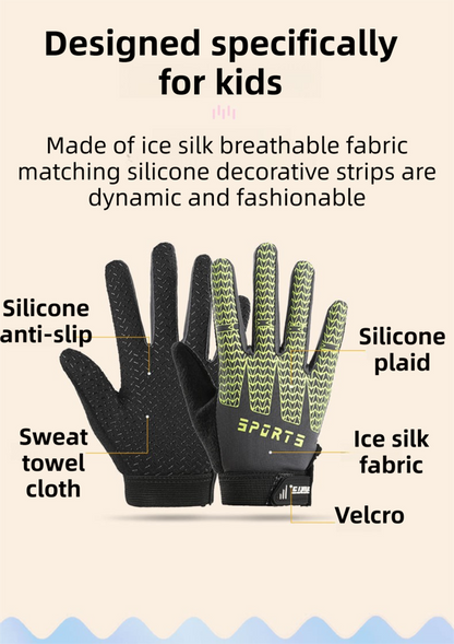Black and Green Breathable Cycling Gloves for Kids - Non-Slip Silicone Grip, Ice Silk & Shock-Absorbing Sports Mitts (L Size)