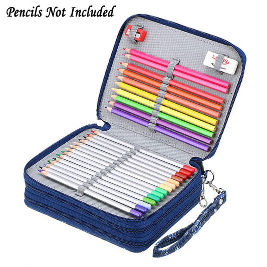 Portable 78-Slot Oxford Cloth Colored Pencil Zipper Case - Large Capacity Sketching & Drawing Stationery Pouch (Blue Flamingos)