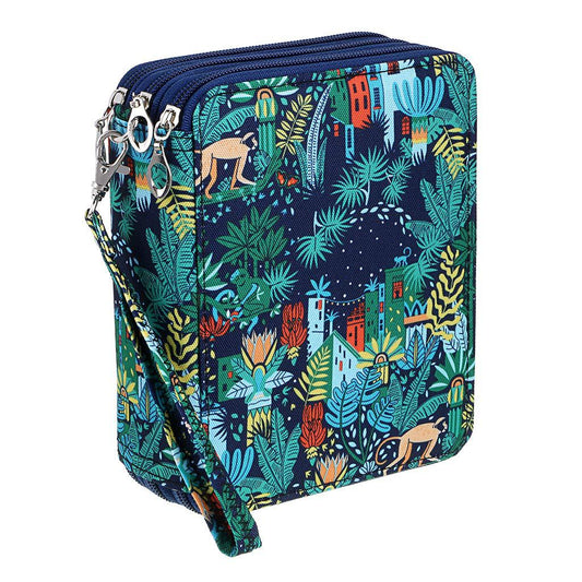 Portable 78-Slot Oxford Cloth Colored Pencil Zipper Case - Large Capacity Sketching & Drawing Stationery Pouch (Jungle Monkeys)