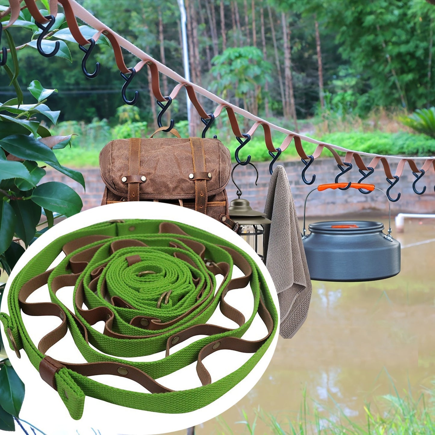 Green and Brown 5.3M Heavy Duty PU Leather Camping Lanyard with 19 Carabiners  - Portable Outdoor Clothesline for Tents & Canopies
