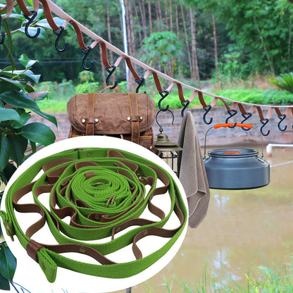 Green and Brown 5.3M Heavy Duty PU Leather Camping Lanyard with 19 Carabiners  - Portable Outdoor Clothesline for Tents & Canopies