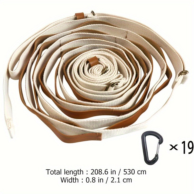 Khaki 5.3M Heavy Duty PU Leather Camping Lanyard with 19 Carabiners  - Portable Outdoor Clothesline for Tents & Canopies