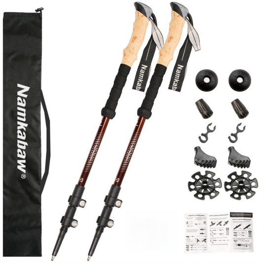 2-Pack Brown Aluminum Alloy Telescopic Trekking Poles with Secure External Lock & Accessory - 3-Section Adjustable Hiking Sticks(65-135cm)