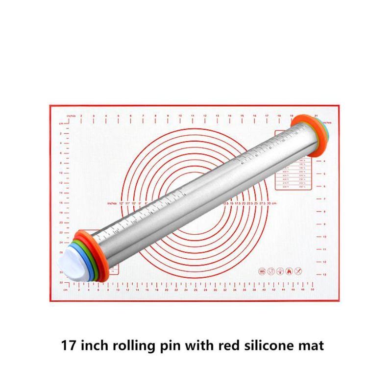 Adjustable Stainless Steel Rolling Pin + 40 x 60 CM Red Non-Stick Silicone Pastry Mat with 4 Precise Thickness Rings & Clear Measurement Markings