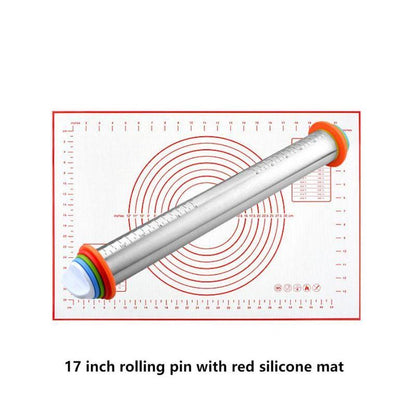 Adjustable Stainless Steel Rolling Pin + 40 x 60 CM Red Non-Stick Silicone Pastry Mat with 4 Precise Thickness Rings & Clear Measurement Markings