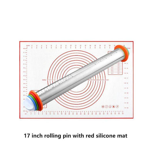 Adjustable Stainless Steel Rolling Pin + 40 x 60 CM Red Non-Stick Silicone Pastry Mat with 4 Precise Thickness Rings & Clear Measurement Markings