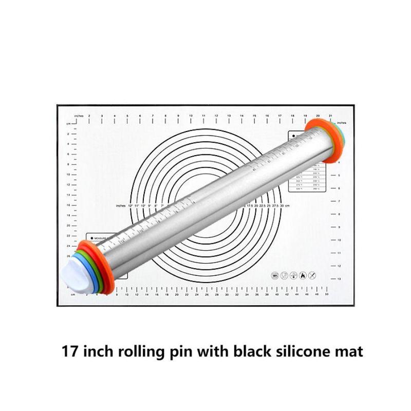 Adjustable Stainless Steel Rolling Pin + 40 x 60 CM Black Non-Stick Silicone Pastry Mat with 4 Precise Thickness Rings & Clear Measurement Markings