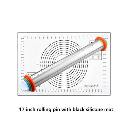 Adjustable Stainless Steel Rolling Pin + 40 x 60 CM Black Non-Stick Silicone Pastry Mat with 4 Precise Thickness Rings & Clear Measurement Markings