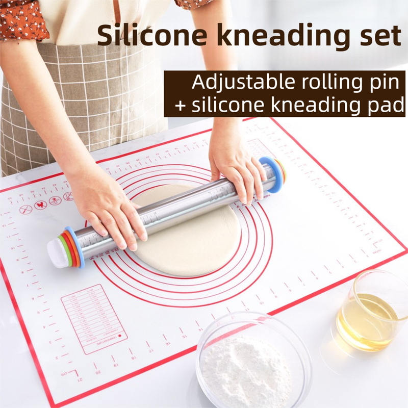 Adjustable Stainless Steel Rolling Pin + 40 x 60 CM Black Non-Stick Silicone Pastry Mat with 4 Precise Thickness Rings & Clear Measurement Markings