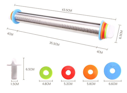Adjustable Stainless Steel Rolling Pin + 40 x 60 CM Black Non-Stick Silicone Pastry Mat with 4 Precise Thickness Rings & Clear Measurement Markings