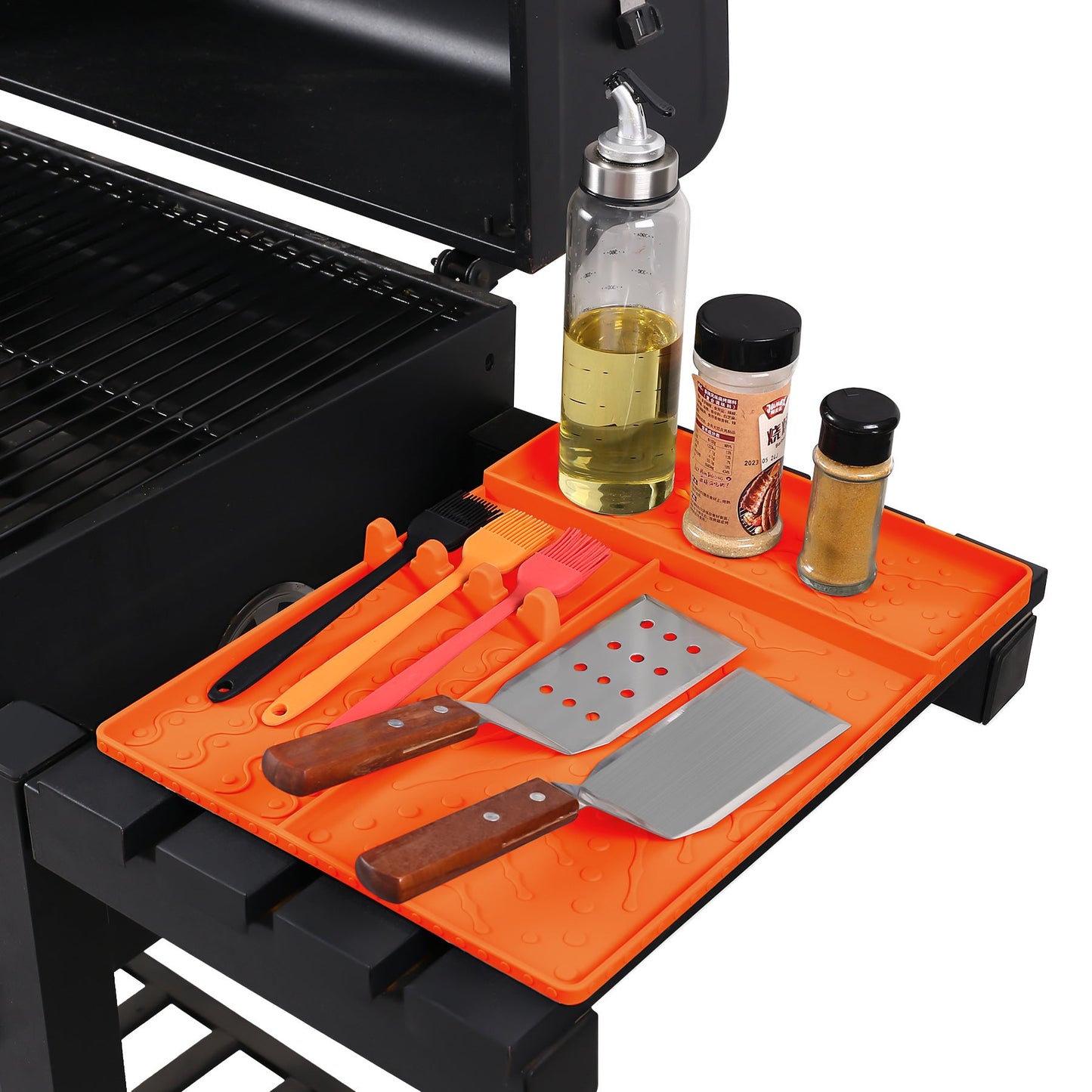 Orange Heavy-Duty Silicone Griddle Tool Mat Integrated Tool & Bottle Slots - Non-Stick BBQ Tool Draining Grease Mat and Seasoning Station