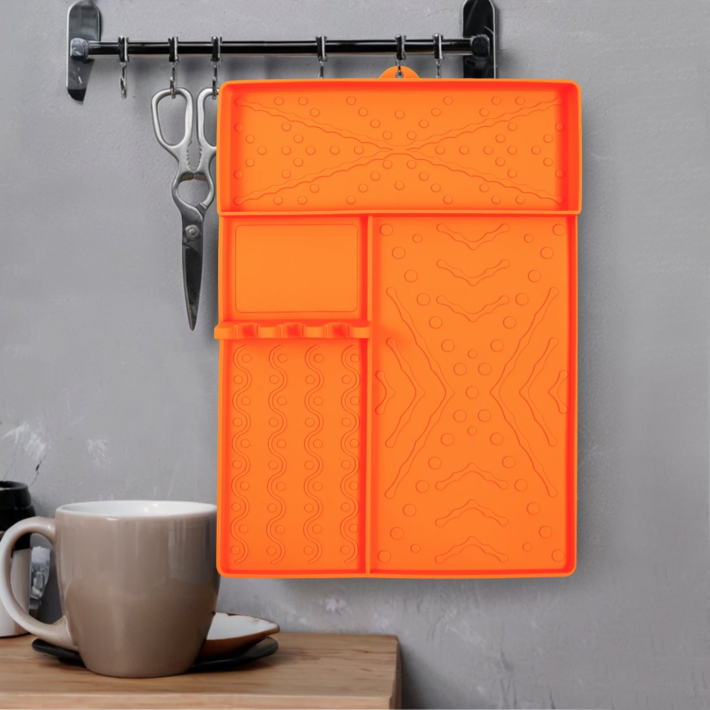 Orange Heavy-Duty Silicone Griddle Tool Mat Integrated Tool & Bottle Slots - Non-Stick BBQ Tool Draining Grease Mat and Seasoning Station