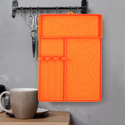 Orange Heavy-Duty Silicone Griddle Tool Mat Integrated Tool & Bottle Slots - Non-Stick BBQ Tool Draining Grease Mat and Seasoning Station
