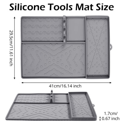 Grey Heavy-Duty Silicone Griddle Tool Mat Integrated Tool & Bottle Slots - Non-Stick BBQ Tool Draining Grease Mat and Seasoning Station