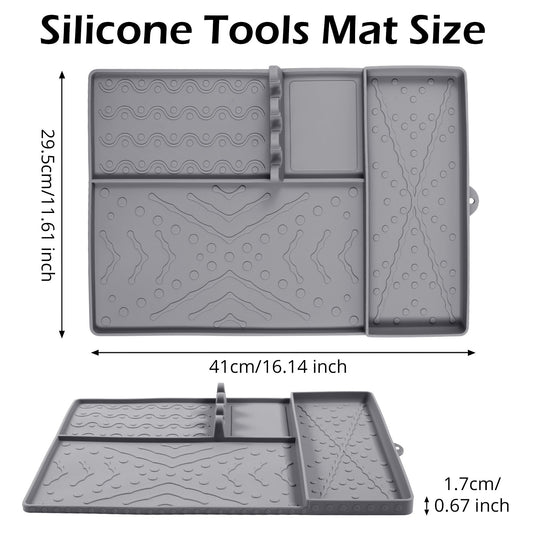 Grey Heavy-Duty Silicone Griddle Tool Mat Integrated Tool & Bottle Slots - Non-Stick BBQ Tool Draining Grease Mat and Seasoning Station