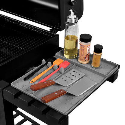 Grey Heavy-Duty Silicone Griddle Tool Mat Integrated Tool & Bottle Slots - Non-Stick BBQ Tool Draining Grease Mat and Seasoning Station