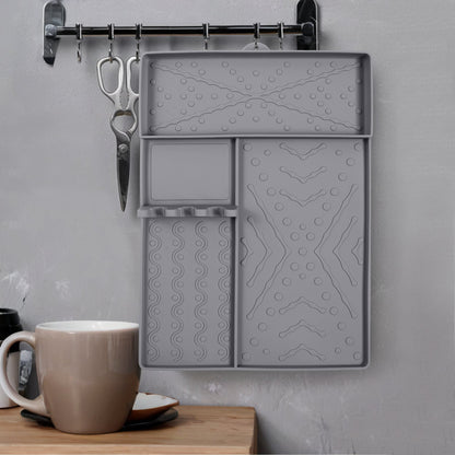 Grey Heavy-Duty Silicone Griddle Tool Mat Integrated Tool & Bottle Slots - Non-Stick BBQ Tool Draining Grease Mat and Seasoning Station