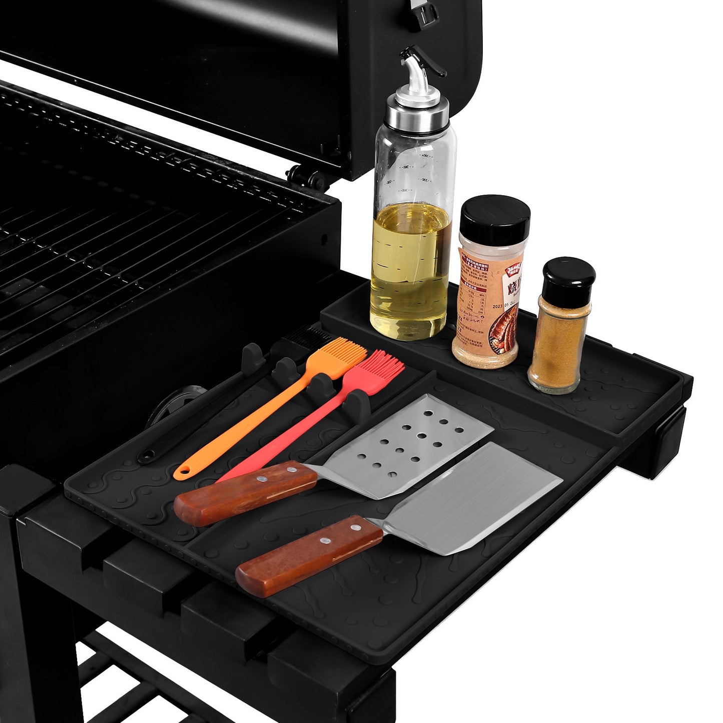 Black Heavy-Duty Silicone Griddle Tool Mat Integrated Tool & Bottle Slots - Non-Stick BBQ Tool Draining Grease Mat and Seasoning Station