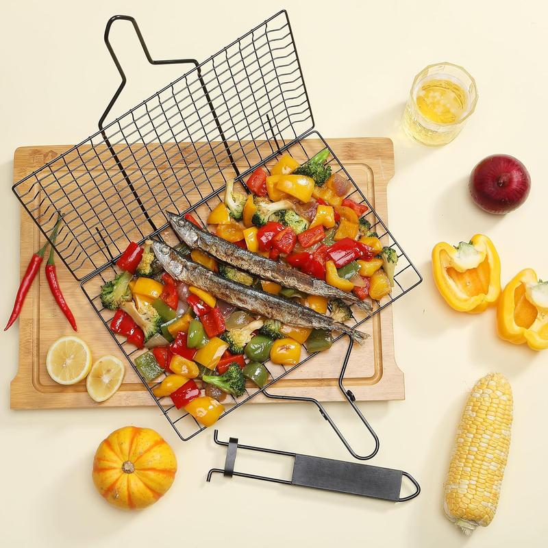 180Â° Foldable Stainless Steel BBQ Grilling Net Basket with Storage Bag & Secure Lock - Fish, Chicken Wings & Vegetable Barbecue Mesh Clip