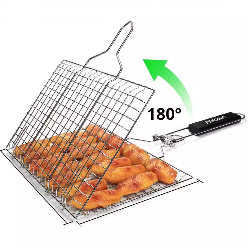 180Â° Foldable Stainless Steel BBQ Grilling Net Basket with Storage Bag & Secure Lock - Fish, Chicken Wings & Vegetable Barbecue Mesh Clip