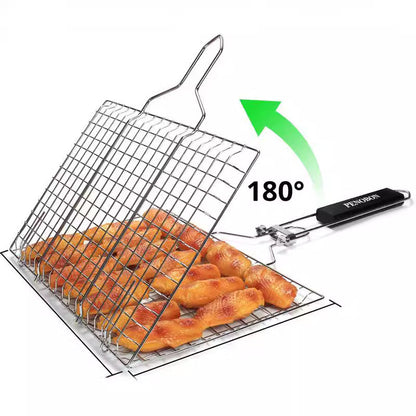 180Â° Foldable Stainless Steel BBQ Grilling Net Basket with Storage Bag & Secure Lock - Fish, Chicken Wings & Vegetable Barbecue Mesh Clip