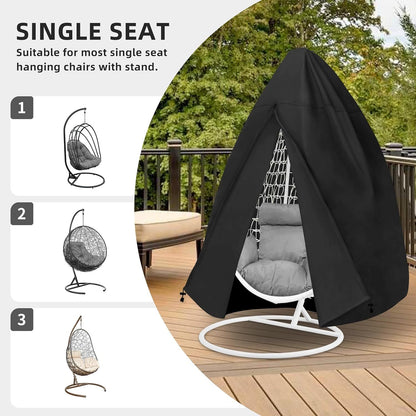 Black Heavy Duty Hanging Egg Chair Shield with Windproof Drawstring and Storage Bag - Waterproof & Dustproof Garden Swing Chair Protector (Single Seat 190 x 115 CM)