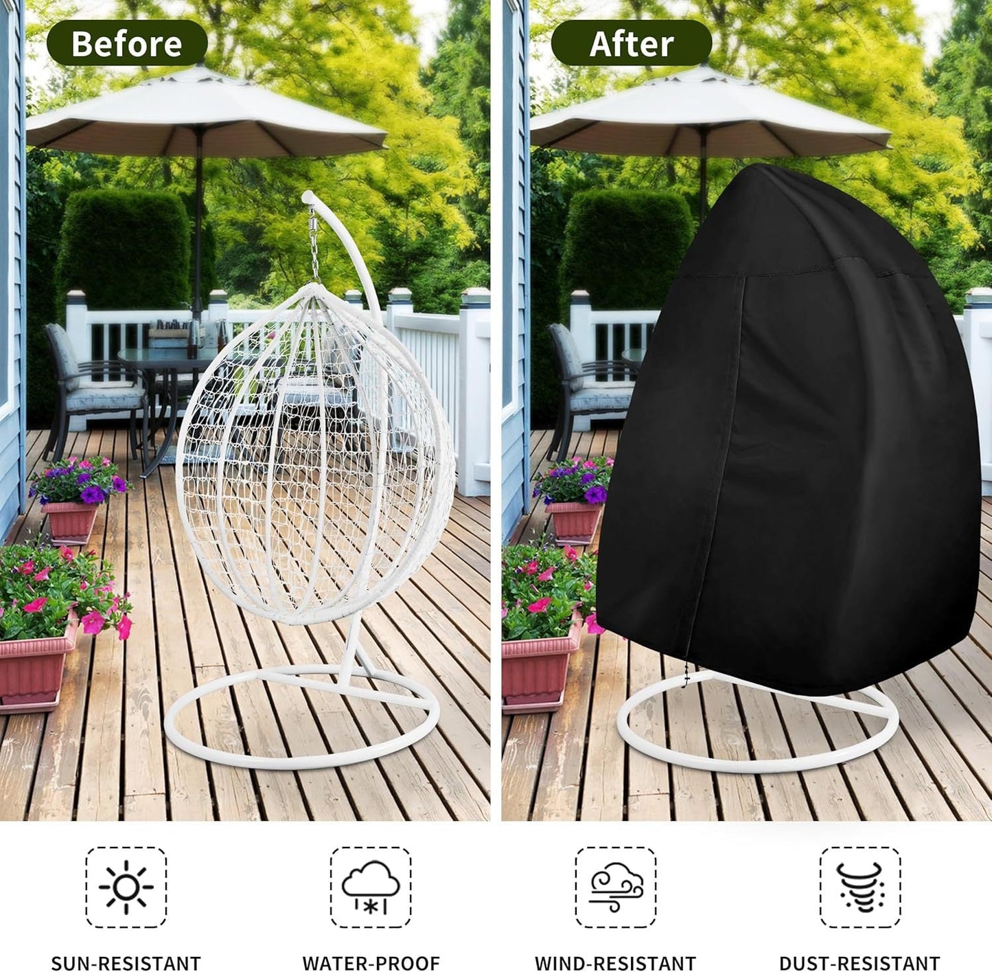 Black Heavy Duty Hanging Egg Chair Shield with Windproof Drawstring and Storage Bag - Waterproof & Dustproof Garden Swing Chair Protector (Single Seat 190 x 115 CM)