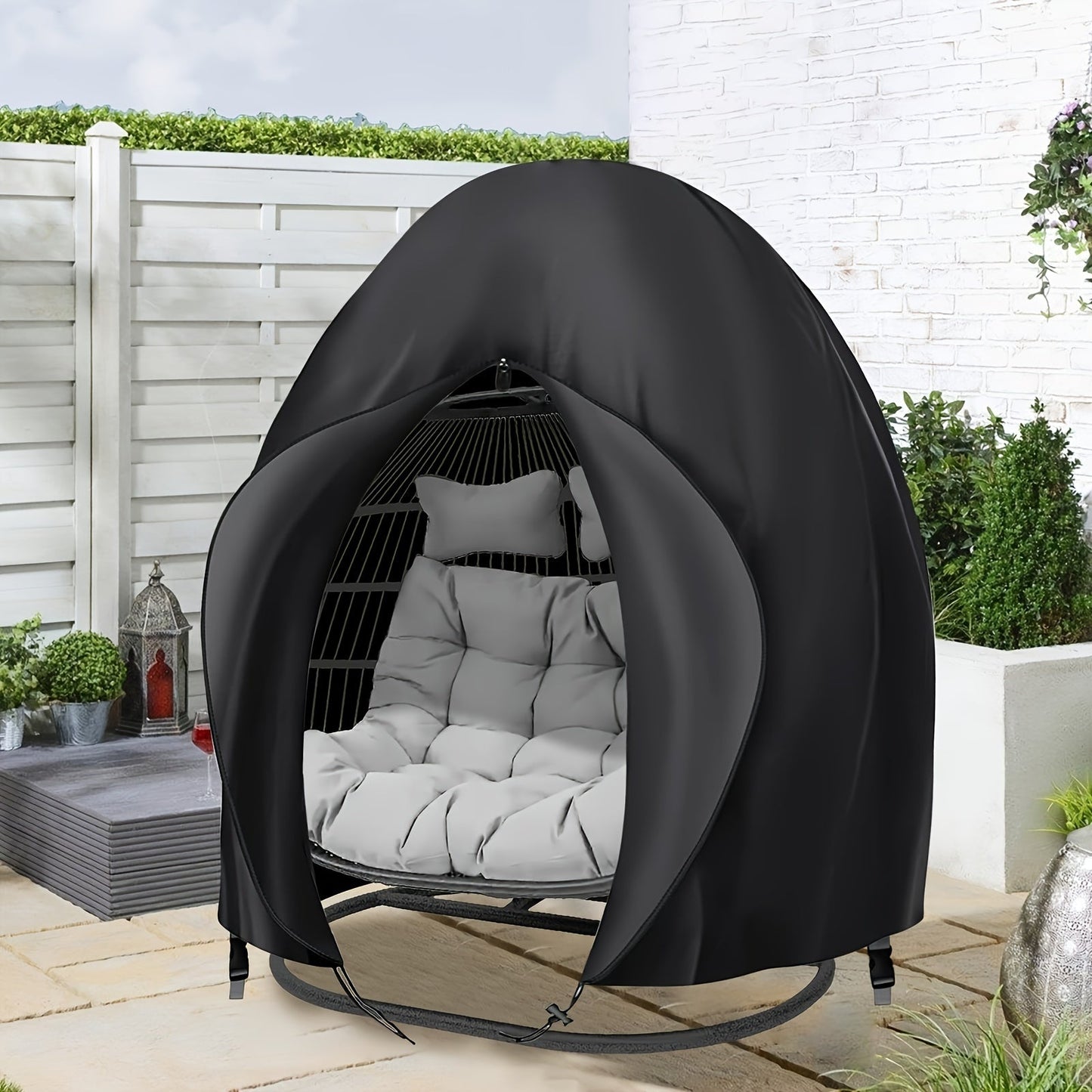 Black Heavy Duty Hanging Egg Chair Shield with Windproof Drawstring and Storage Bag - Waterproof & Dustproof Garden Swing Chair Protector (Double Seat 190 x 115 CM)