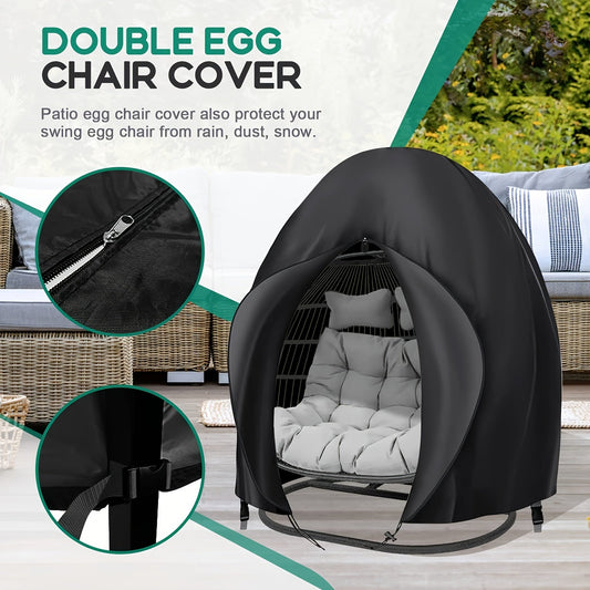Black Heavy Duty Hanging Egg Chair Shield with Windproof Drawstring and Storage Bag - Waterproof & Dustproof Garden Swing Chair Protector (Double Seat 190 x 115 CM)