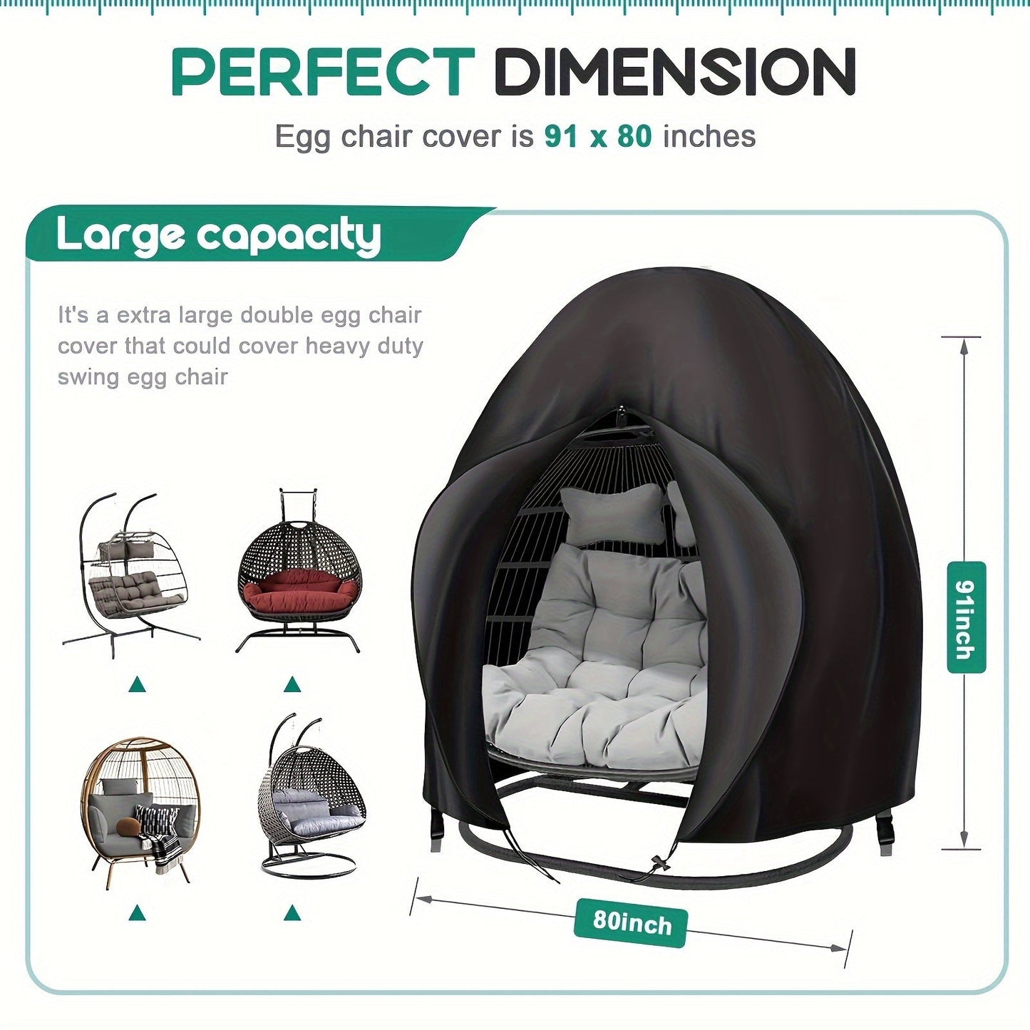 Black Heavy Duty Hanging Egg Chair Shield with Windproof Drawstring and Storage Bag - Waterproof & Dustproof Garden Swing Chair Protector (Double Seat 190 x 115 CM)