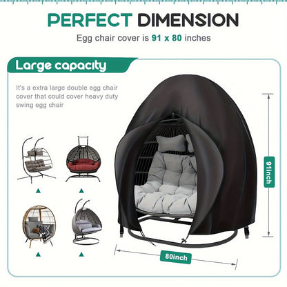 Black Heavy Duty Hanging Egg Chair Shield with Windproof Drawstring and Storage Bag - Waterproof & Dustproof Garden Swing Chair Protector (Double Seat 190 x 115 CM)
