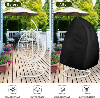 Black Heavy Duty Hanging Egg Chair Shield with Windproof Drawstring and Storage Bag - Waterproof & Dustproof Garden Swing Chair Protector (Double Seat 190 x 115 CM)
