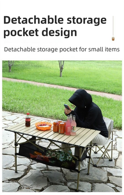 120CM Black Portable Folding Egg Roll Camping Table with Storage Bag & Mesh Net- Heavy-Duty Carbon Steel Picnic Table for 6-8 People