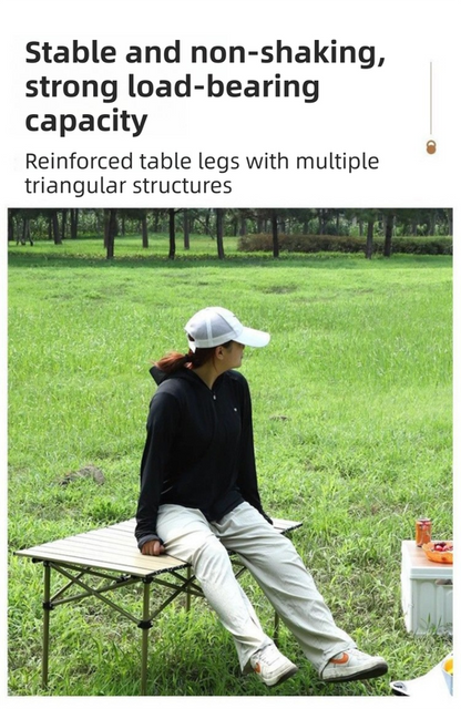 120CM Khaki Portable Folding Egg Roll Camping Table with Storage Bag & Mesh Net- Heavy-Duty Carbon Steel Picnic Table for 6-8 People