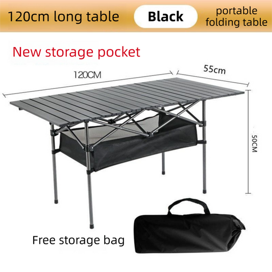 120CM Black Portable Folding Egg Roll Camping Table + 4-Pack 36CM Chairs with Storage Bag & Mesh Net- Heavy-Duty Carbon Steel Picnic Table for 6-8 People
