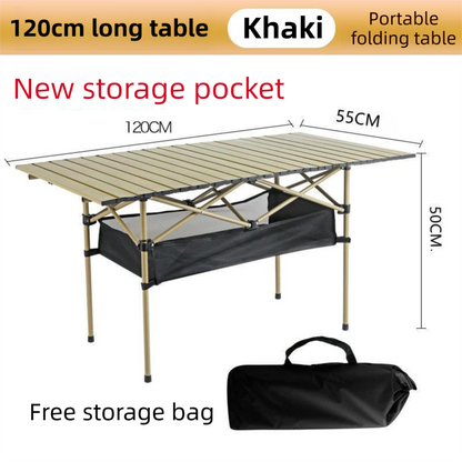 120CM Khaki Portable Folding Egg Roll Camping Table + 4-Pack 36CM Chairs with Storage Bag & Mesh Net- Heavy-Duty Carbon Steel Picnic Table for 6-8 People