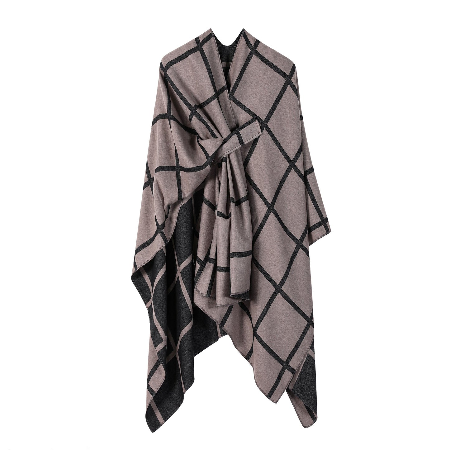 Brown Elegant Check Knit Travel Shawl with Stylish Side-Slit Design - Fall & Winter Luxurious Cashmere-Feel Pullover Cape (135 x 155 CM)