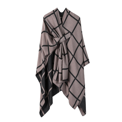 Brown Elegant Check Knit Travel Shawl with Stylish Side-Slit Design - Fall & Winter Luxurious Cashmere-Feel Pullover Cape (135 x 155 CM)