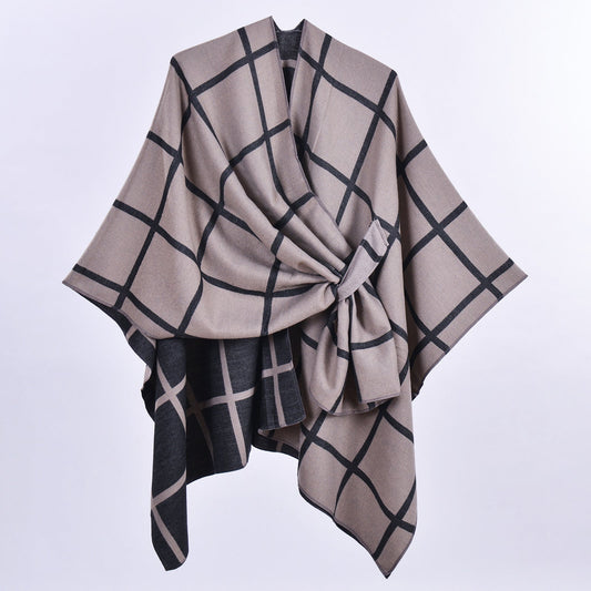 Brown Elegant Check Knit Travel Shawl with Stylish Side-Slit Design - Fall & Winter Luxurious Cashmere-Feel Pullover Cape (135 x 155 CM)