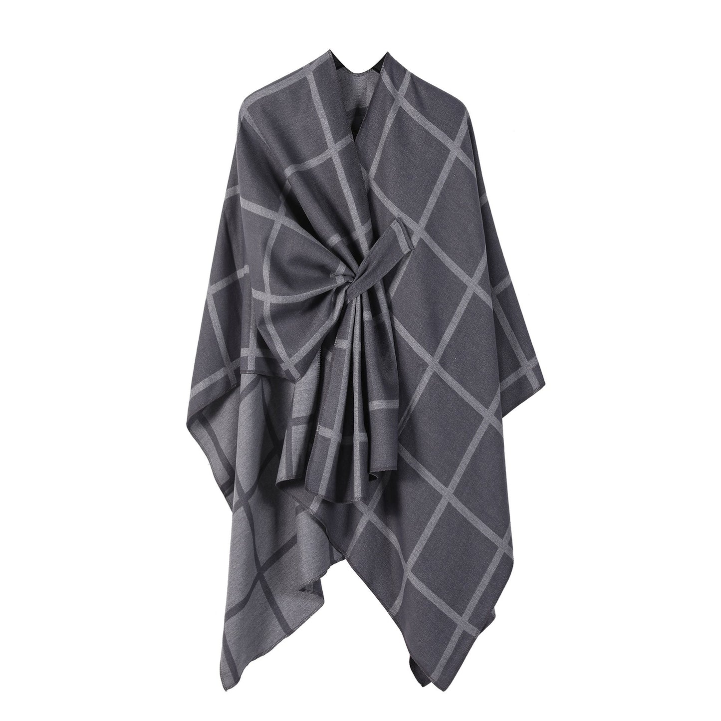 Grey Elegant Check Knit Travel Shawl with Stylish Side-Slit Design - Fall & Winter Luxurious Cashmere-Feel Pullover Cape (135 x 155 CM)