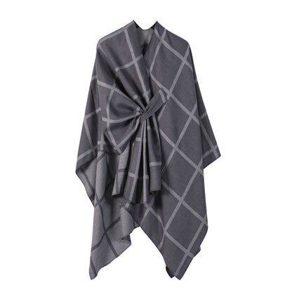Grey Elegant Check Knit Travel Shawl with Stylish Side-Slit Design - Fall & Winter Luxurious Cashmere-Feel Pullover Cape (135 x 155 CM)