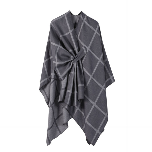 Grey Elegant Check Knit Travel Shawl with Stylish Side-Slit Design - Fall & Winter Luxurious Cashmere-Feel Pullover Cape (135 x 155 CM)