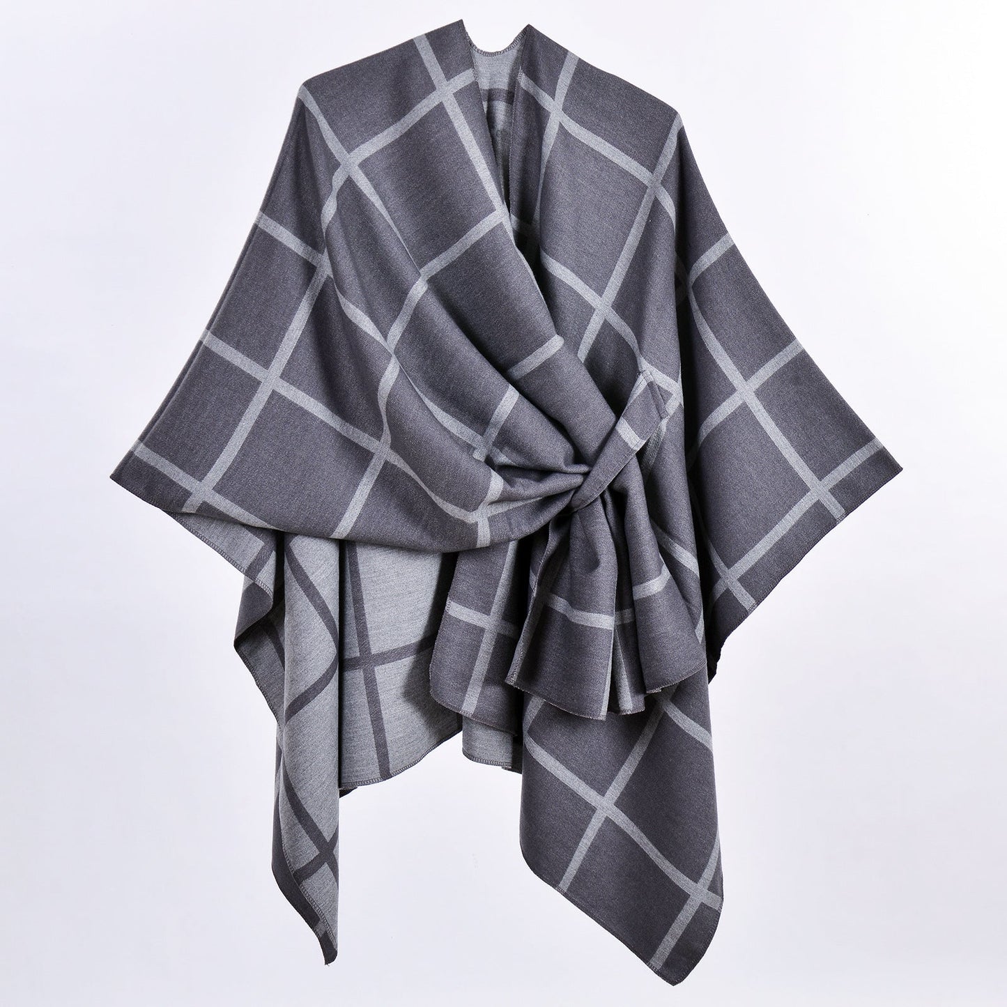 Grey Elegant Check Knit Travel Shawl with Stylish Side-Slit Design - Fall & Winter Luxurious Cashmere-Feel Pullover Cape (135 x 155 CM)