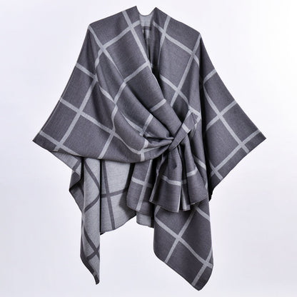 Grey Elegant Check Knit Travel Shawl with Stylish Side-Slit Design - Fall & Winter Luxurious Cashmere-Feel Pullover Cape (135 x 155 CM)