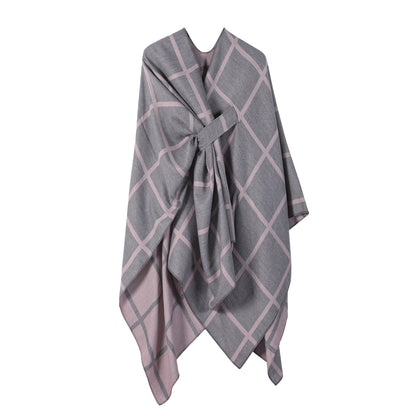 Grey and Pink Elegant Check Knit Travel Shawl with Stylish Side-Slit Design - Fall & Winter Luxurious Cashmere-Feel Pullover Cape (135 x 155 CM)